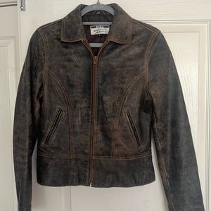 Michael Hoban edgy women’s leather jacket in a rich chocolate.